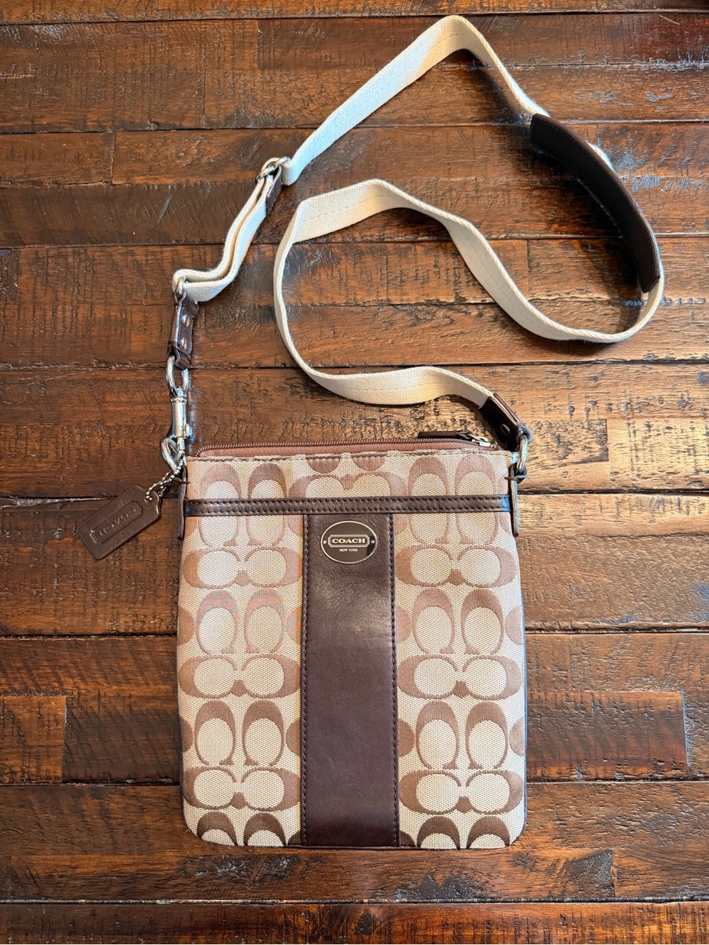 COACH Brown Signature Crossbody Messenger Bag with Cream Strap